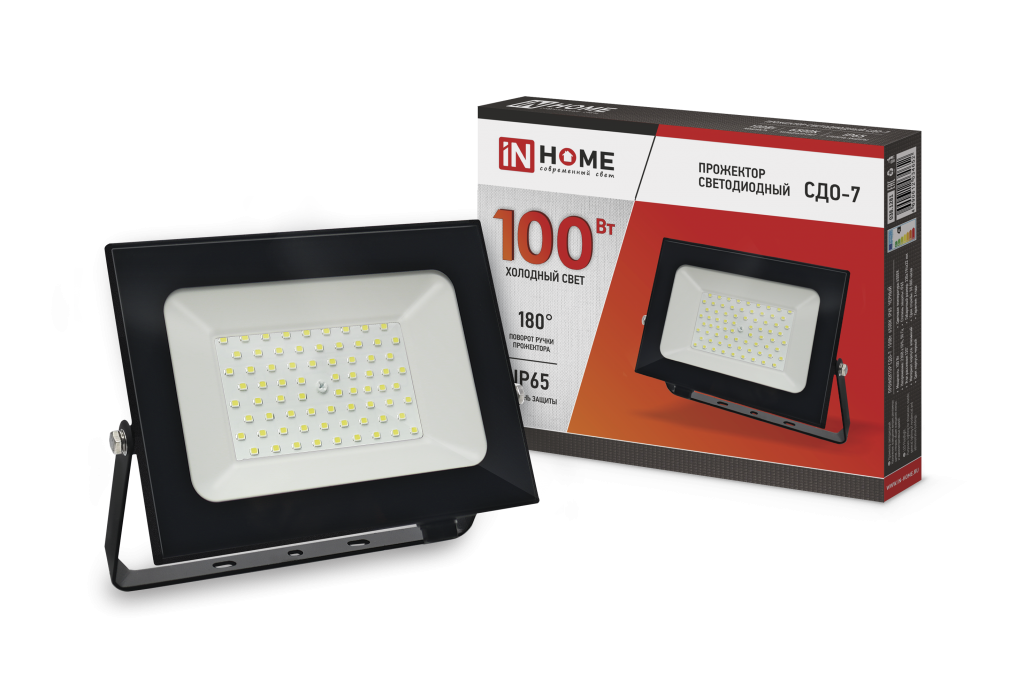 Прожектор светодиодный СДО-7 100Вт 230В 6500К IP65 черный IN HOME