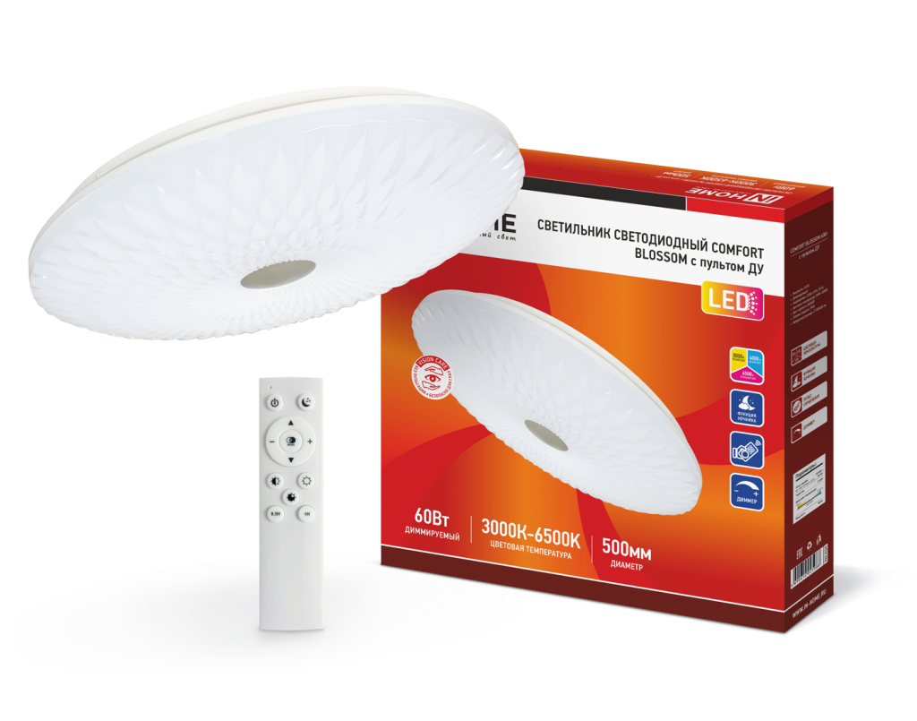 Светильник светодиодный COMFORT BLOSSOM 60Вт 230В 3000-6500K 4800Лм 500x85мм с пультом ДУ IN HOME