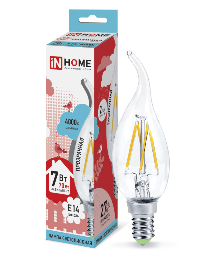 Лампа светодиодная LED-СВЕЧА НА ВЕТРУ-deco 7Вт 230В Е14 4000К 630Лм прозрачная IN HOME