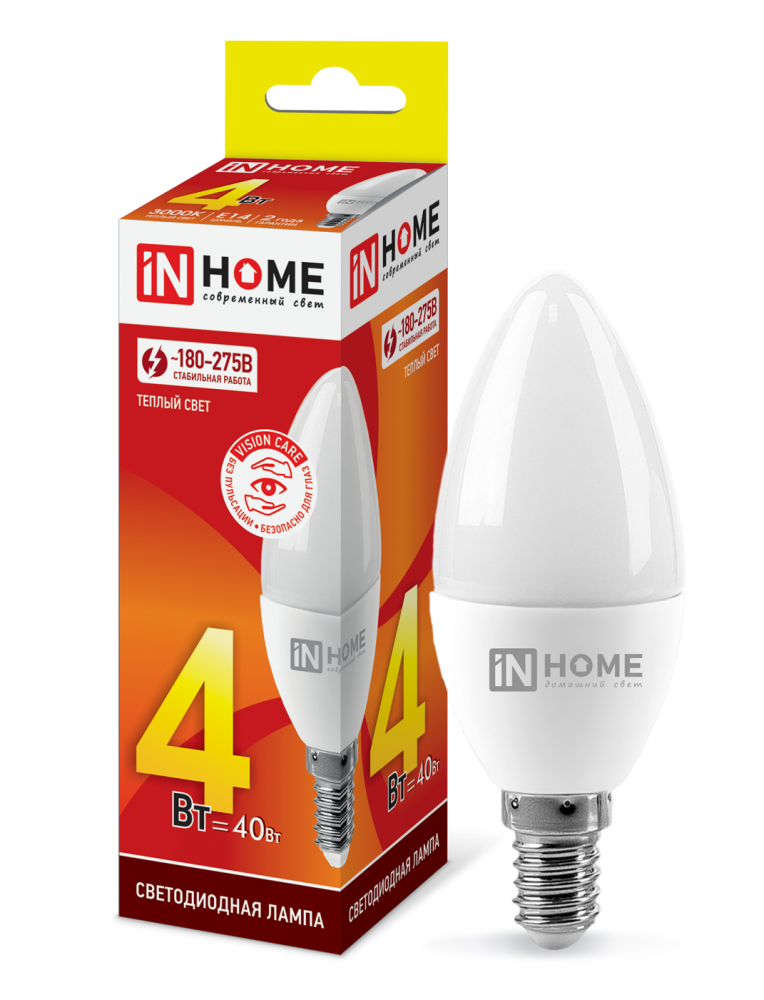 Лампа светодиодная LED-СВЕЧА-VC 4Вт 230В Е14 3000К 360Лм IN HOME
