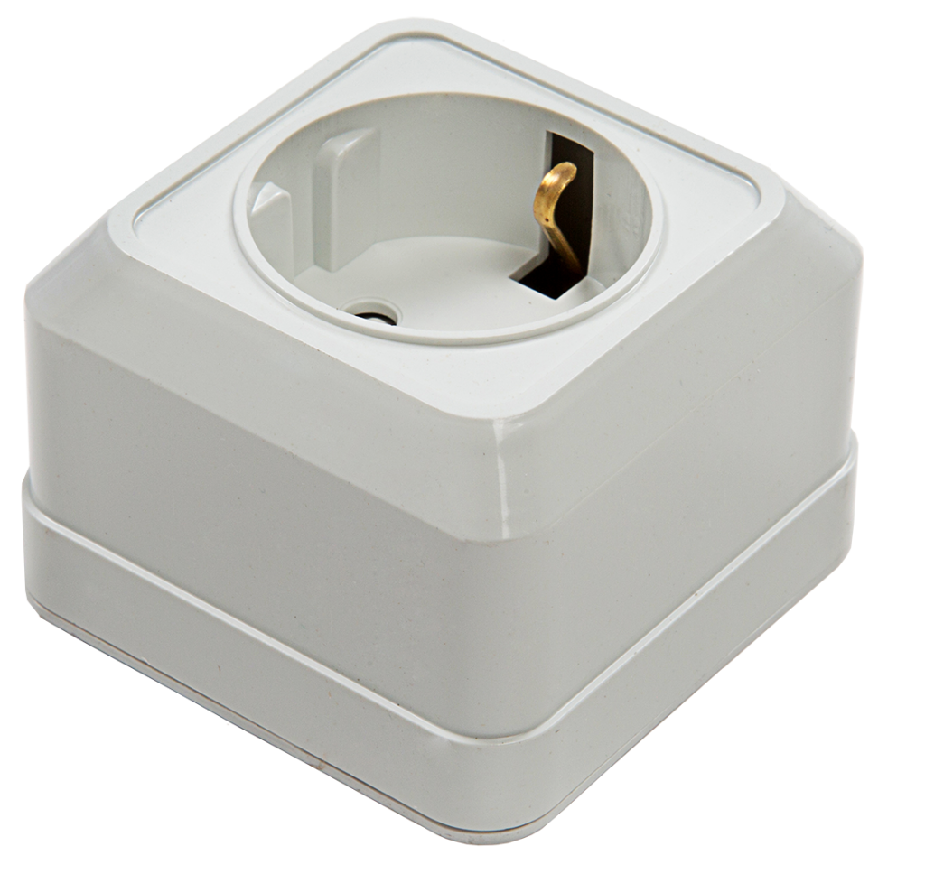 Розетка одинарная с заземлением со шторкой BOLLETO белая накладная 7028х IN HOME