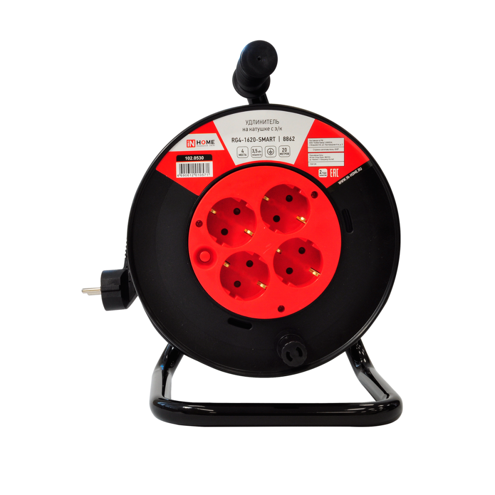 Удлинитель на катушке RG4-1620-SMART с термозащитой четырехместный с заземлением 16А 20м 8862 IN HOME