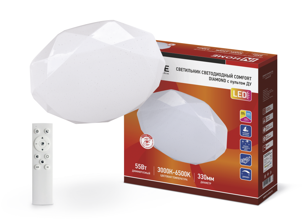 Светильник светодиодный COMFORT DIAMOND 55Вт 230В 3000-6500K 4400Лм 330x80мм с пультом ДУ IN HOME