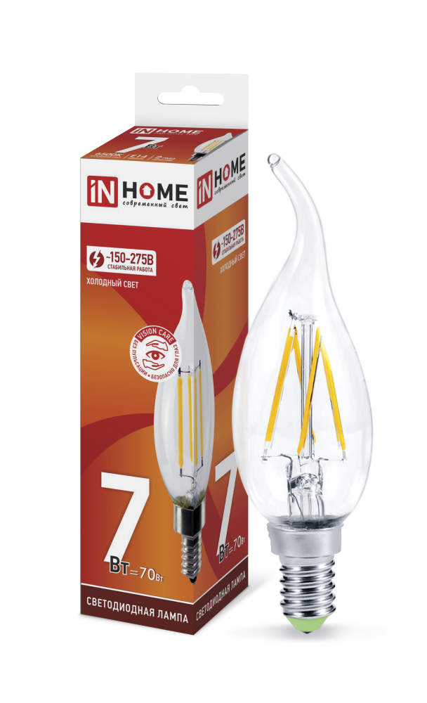 Лампа светодиодная LED-СВЕЧА НА ВЕТРУ-deco 7Вт 230В Е14 6500К 630Лм прозрачная IN HOME