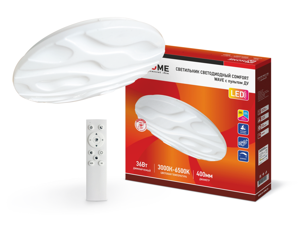 Светильник светодиодный COMFORT WAVE 36Вт 230В 3000-6500K 2900Лм 400x70мм с пультом ДУ IN HOME