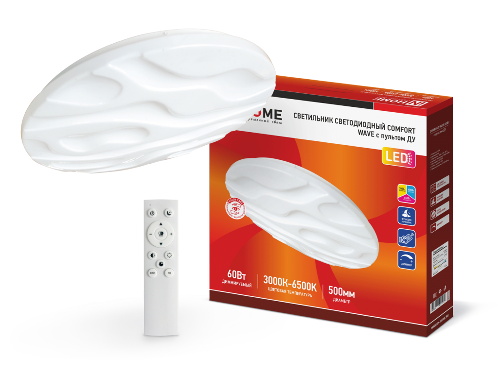 Светильник светодиодный COMFORT WAVE 60Вт 230В 3000-6500K 4800Лм 500x85мм с пультом ДУ IN HOME