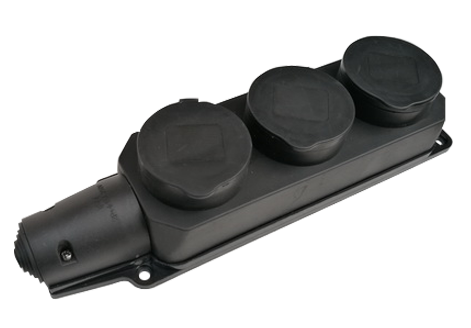 Розетка тройная с заземлением каучук с заглушками 16А IP44 черная 9323 IN HOME