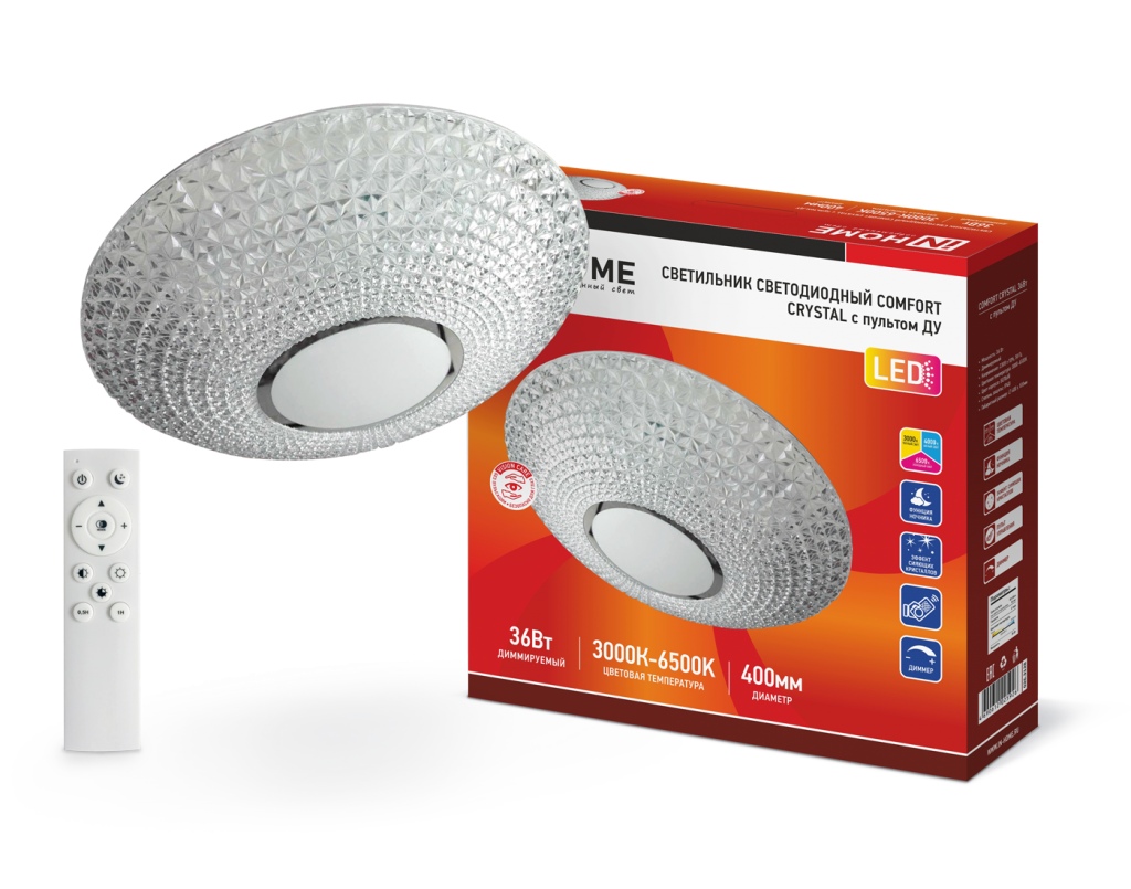 Светильник светодиодный COMFORT CRYSTAL 36Вт 230В 3000-6500K 2900Лм 400x100мм с пультом ДУ IN HOME