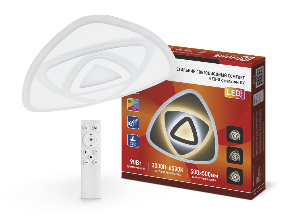 Светильник светодиодный COMFORT GEO-5 90Вт 230В 3000-6500К 6500Лм 500x55мм с пультом ДУ IN HOME