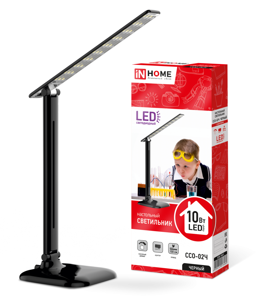 Светильник настольный светодиодный ССО-02Ч 10Вт сенсор-диммер адаптер ЧЕРНЫЙ IN HOME