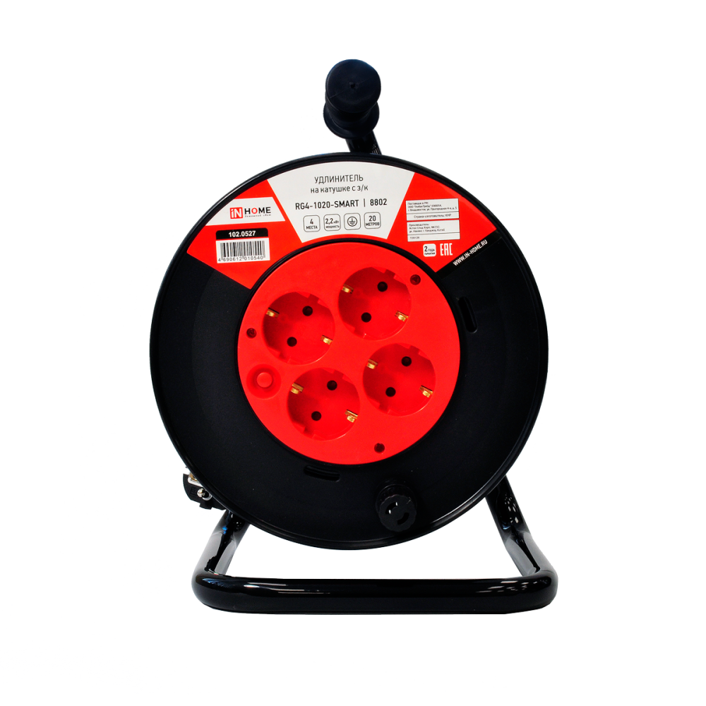 Удлинитель на катушке RG4-1020-SMART с термозащитой четырехместный с заземлением 10А 20м 8802 IN HOME