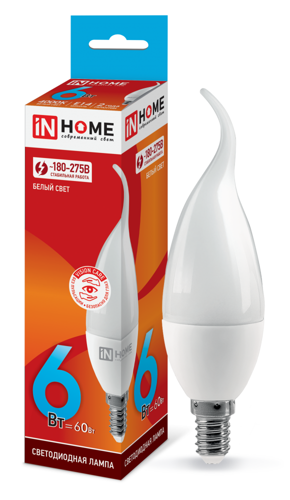 Лампа светодиодная LED-СВЕЧА НА ВЕТРУ-VC 6Вт 230В Е14 4000К 540Лм IN HOME