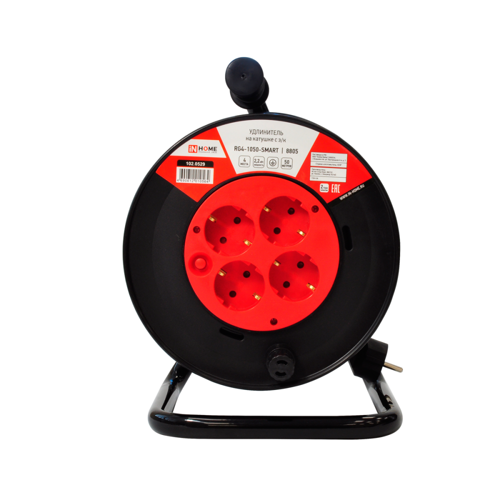 Удлинитель на катушке RG4-1050-SMART с термозащитой четырехместный с заземлением 10А 50м 8805 IN HOME