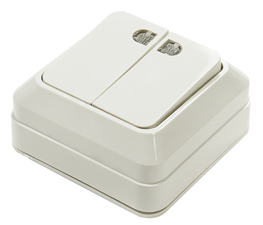 Выключатель двухклавишный с подсветкой BOLLETO белый накладной 7123 IN HOME