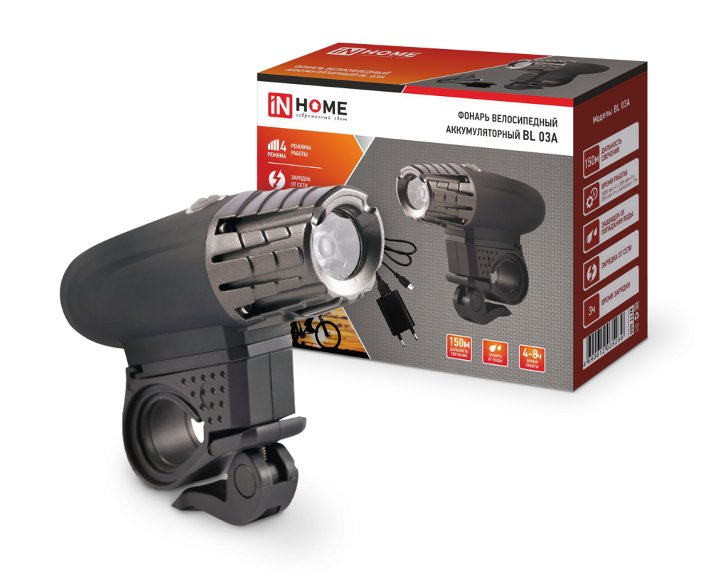 Фонарь велосипедный аккумуляторный BL 03А 3W LED 300Lm  4 режима с з/у 220В ЧЕРНЫЙ IN HOME