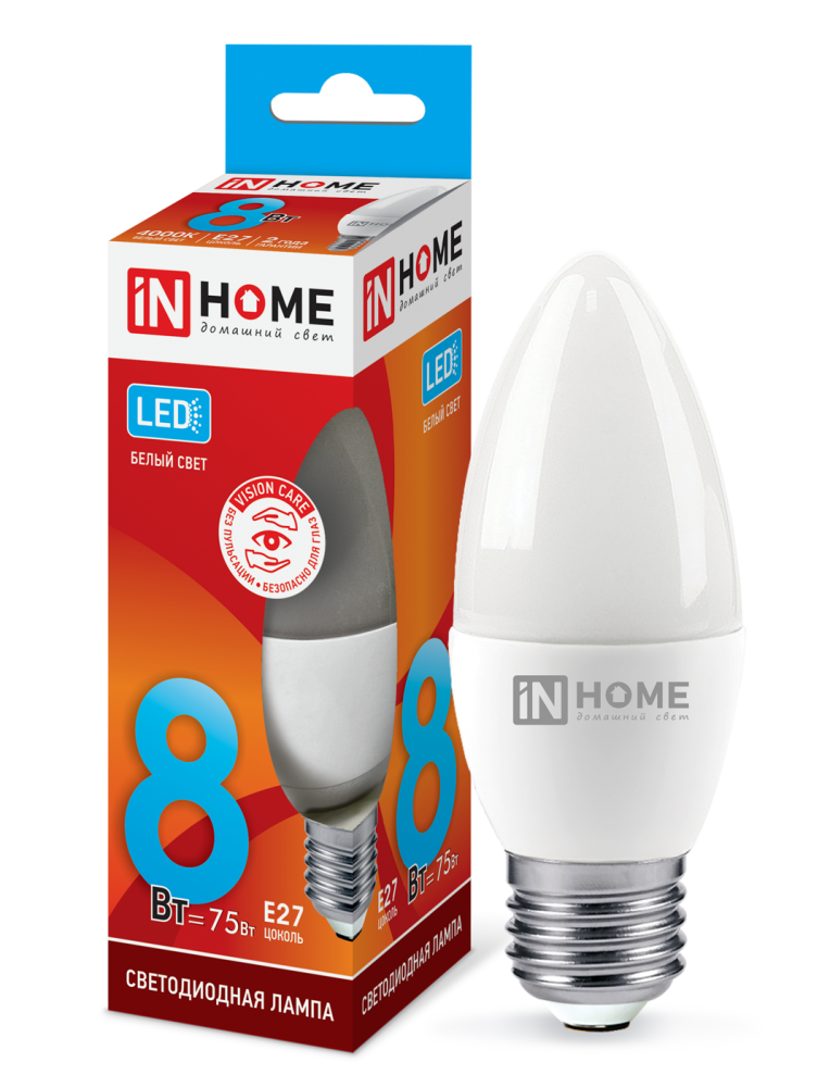 Лампа светодиодная LED-СВЕЧА-VC 8Вт 230В Е27 4000К 720Лм IN HOME