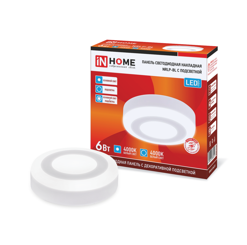 Панель светодиодная накладная круглая NRLP-BL 6Вт 230В 4000К 350Лм 105мм с подсветкой белая IP20 IN HOME