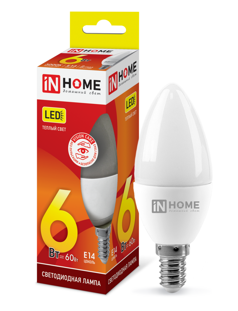Лампа светодиодная LED-СВЕЧА-VC 6Вт 230В Е14 3000К 540Лм IN HOME