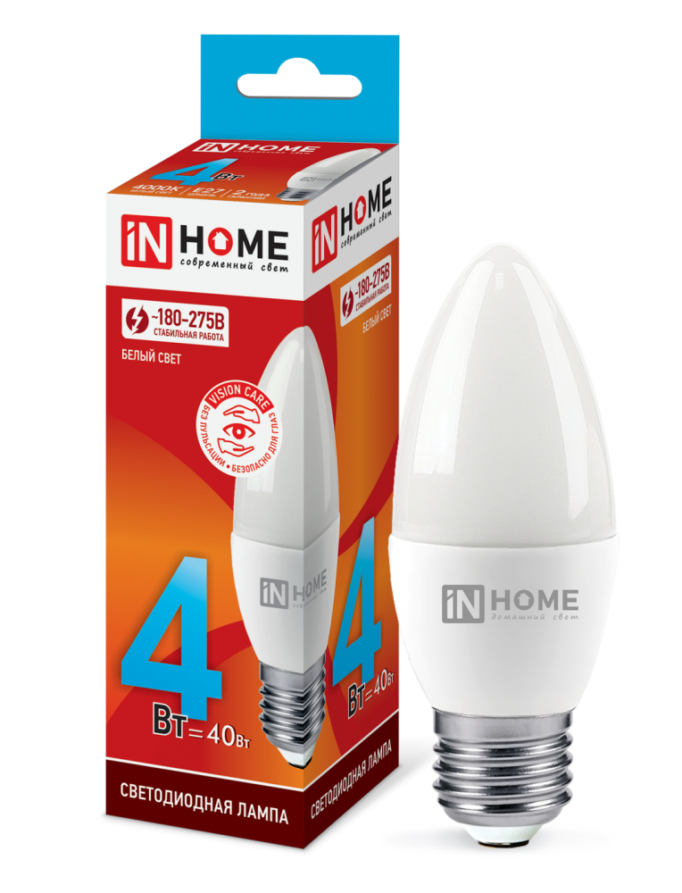 Лампа светодиодная LED-СВЕЧА-VC 4Вт 230В Е27 4000К 360Лм IN HOME