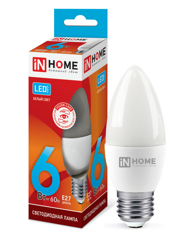 Лампа светодиодная LED-СВЕЧА-VC 6Вт 230В Е27 4000К 540Лм IN HOME