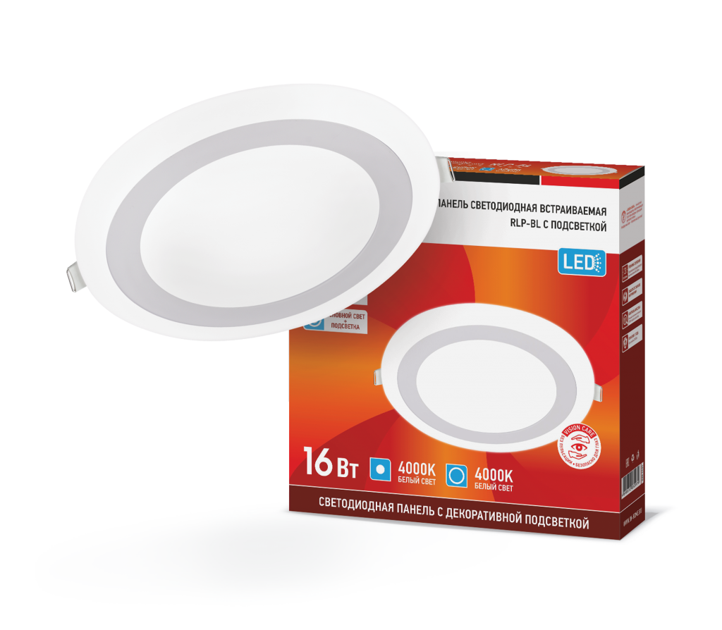 Панель светодиодная встраиваемая круглая RLP-BL 16Вт 230В 4000К 960Лм 195мм с подсветкой белая IP20 IN HOME            