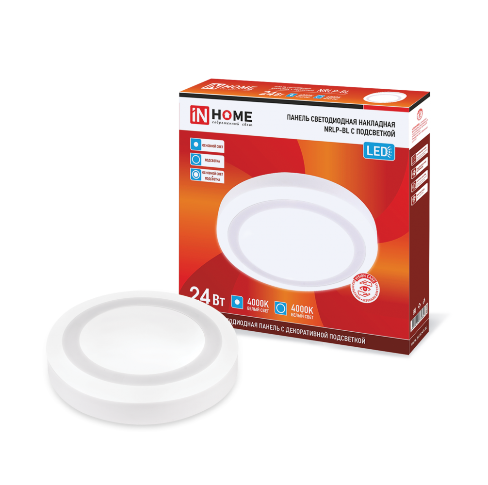 Панель светодиодная накладная круглая NRLP-BL 24Вт 230В 4000К 1440Лм 245мм с подсветкой белая IP20 IN HOME