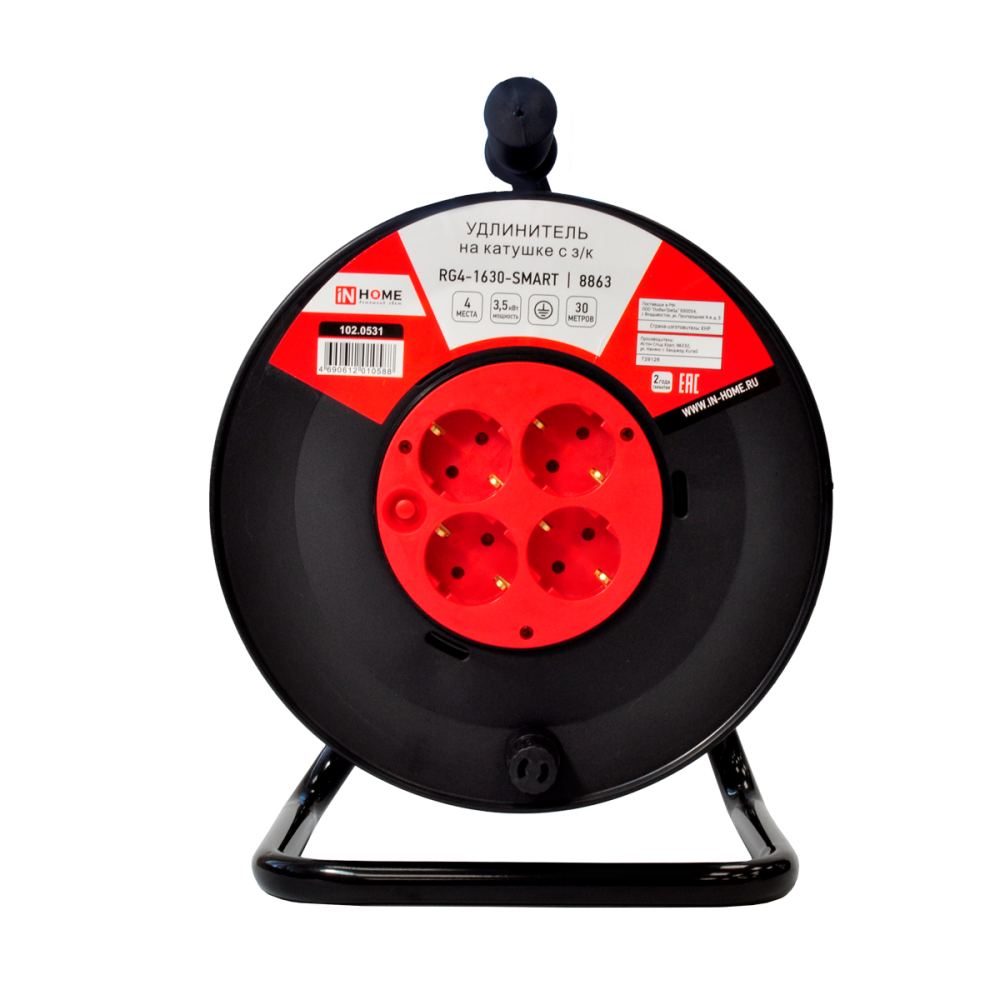 Удлинитель на катушке RG4-1630-SMART с термозащитой четырехместный с заземлением 16А 30м 8863 IN HOME