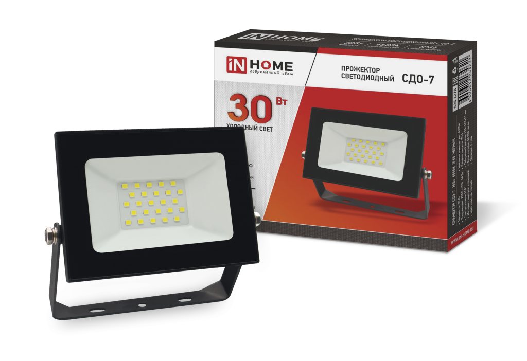 Прожектор светодиодный СДО-7 30Вт 230В 6500К IP65 черный IN HOME