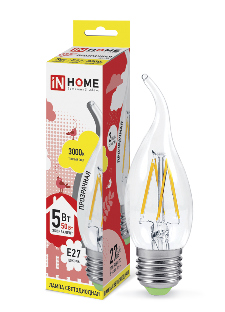 Лампа светодиодная LED-СВЕЧА НА ВЕТРУ-deco 5Вт 230В Е27 3000К 450Лм прозрачная IN HOME