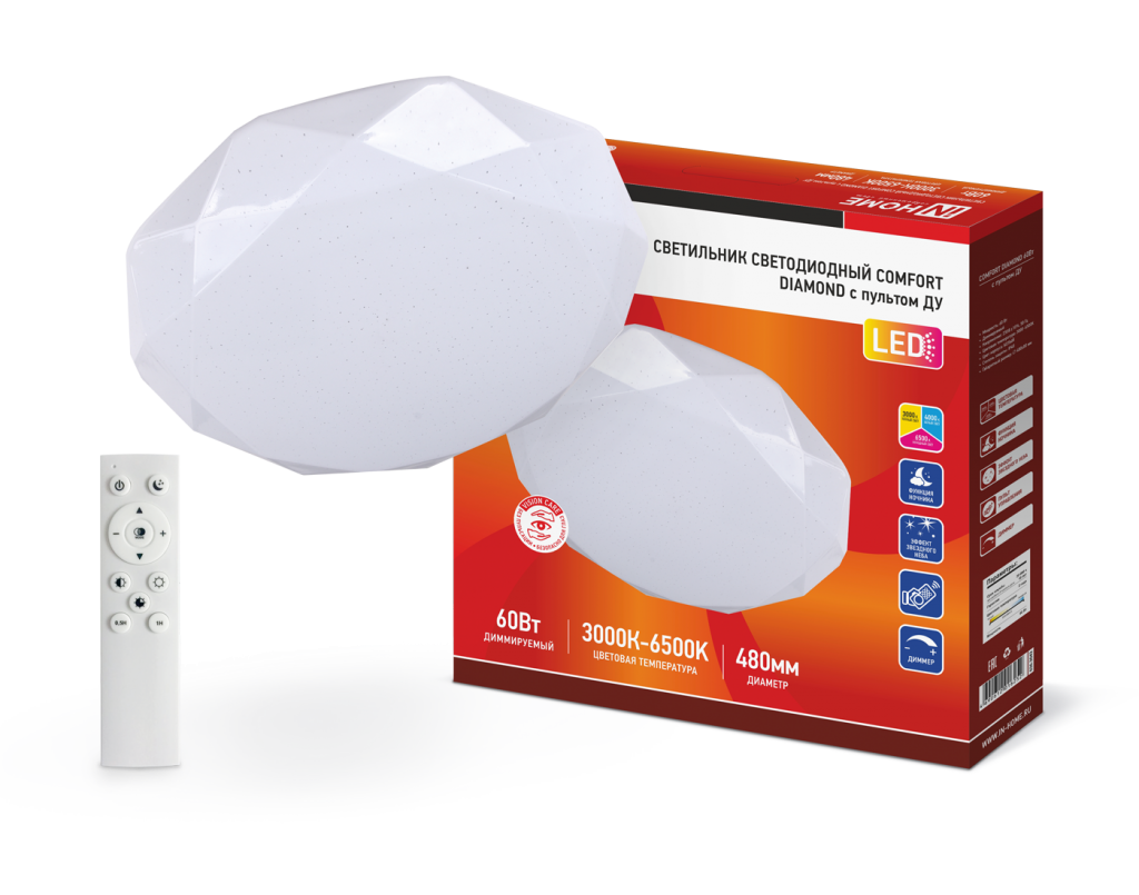 Светильник светодиодный COMFORT DIAMOND 60Вт 230В 3000-6500K 4800Лм 480x80мм с пультом ДУ IN HOME