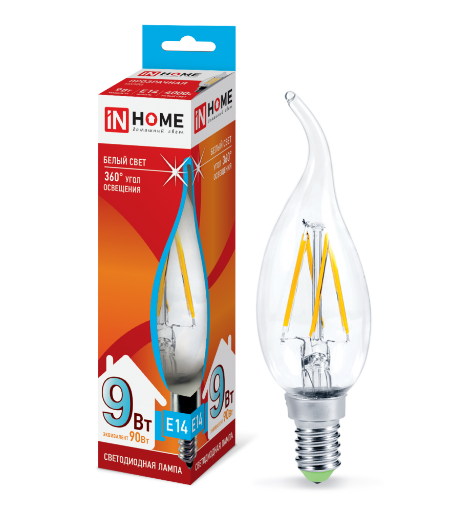 Лампа светодиодная LED-СВЕЧА НА ВЕТРУ-deco 9Вт 230В Е14 4000К 810Лм прозрачная IN HOME