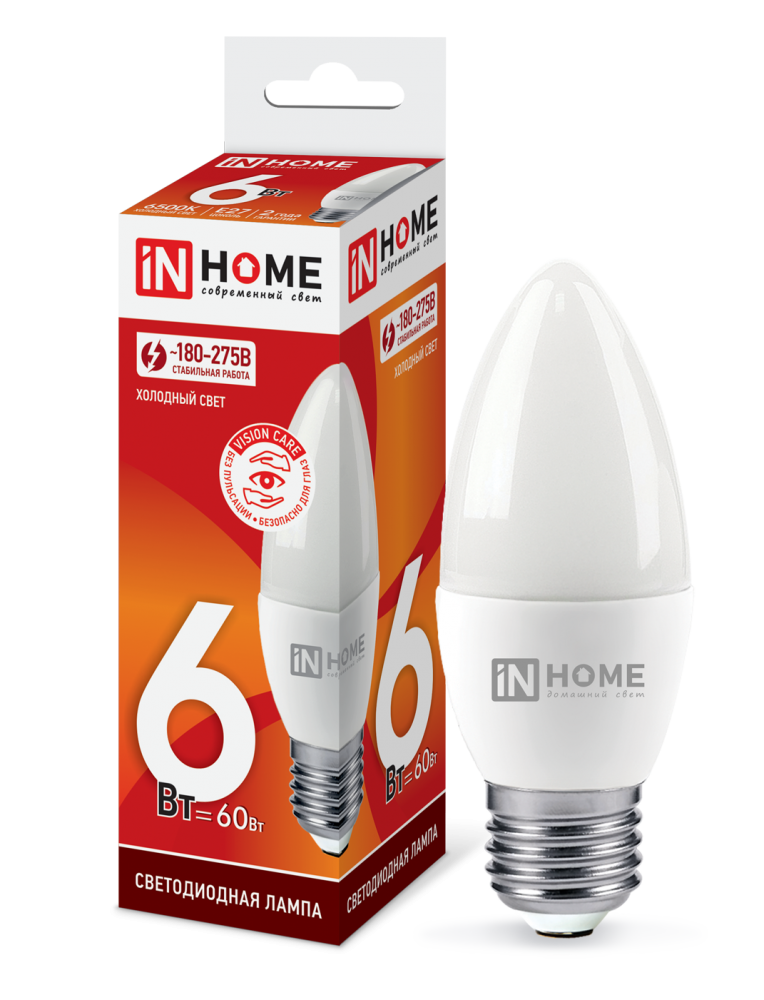 Лампа светодиодная LED-СВЕЧА-VC 6Вт 230В Е27 6500К 540Лм IN HOME