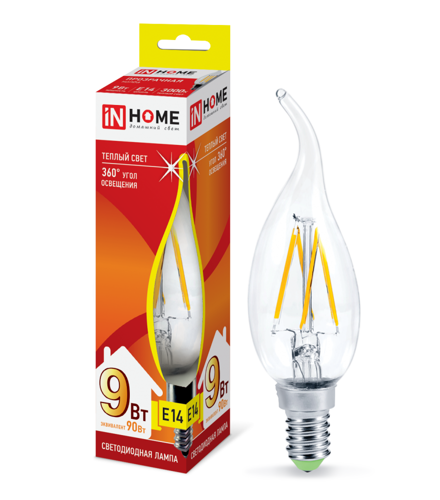 Лампа светодиодная LED-СВЕЧА НА ВЕТРУ-deco 9Вт 230В Е14 3000К 810Лм прозрачная IN HOME