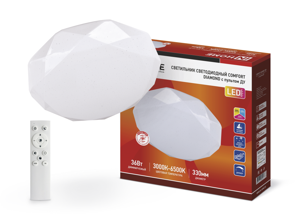 Светильник светодиодный COMFORT DIAMOND 36Вт 230В 3000-6500K 2900Лм 330x80мм с пультом ДУ IN HOME