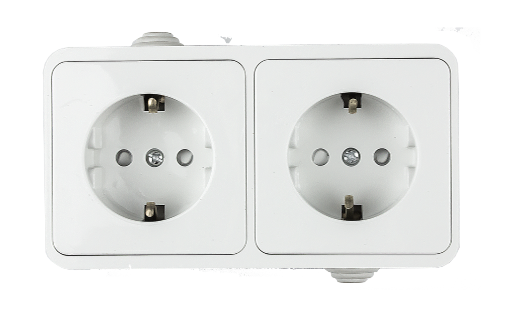 Розетка двойная с заземлением со шторкой AQUA белая полугерметичная 3123 IN HOME