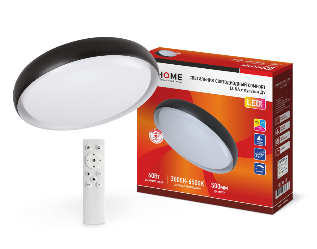 Светильник светодиодный COMFORT LUNA 60Вт 230В 3000-6500K 4800Лм 500х110мм c пультом ДУ IN HOME