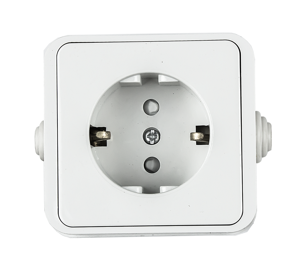 Розетка одинарная с заземлением со шторкой AQUA белая полугерметичная 3113 IN HOME