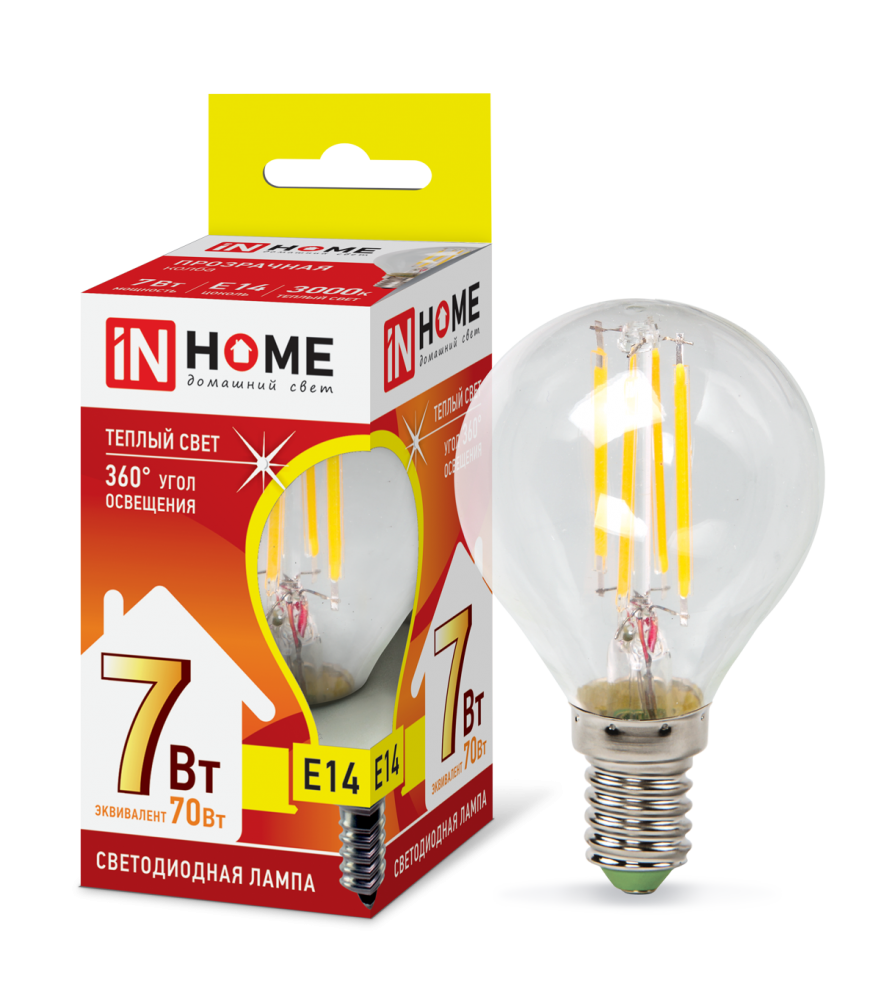Лампа светодиодная LED-ШАР-deco 7Вт 230В Е14 3000К 630Лм прозрачная IN HOME
