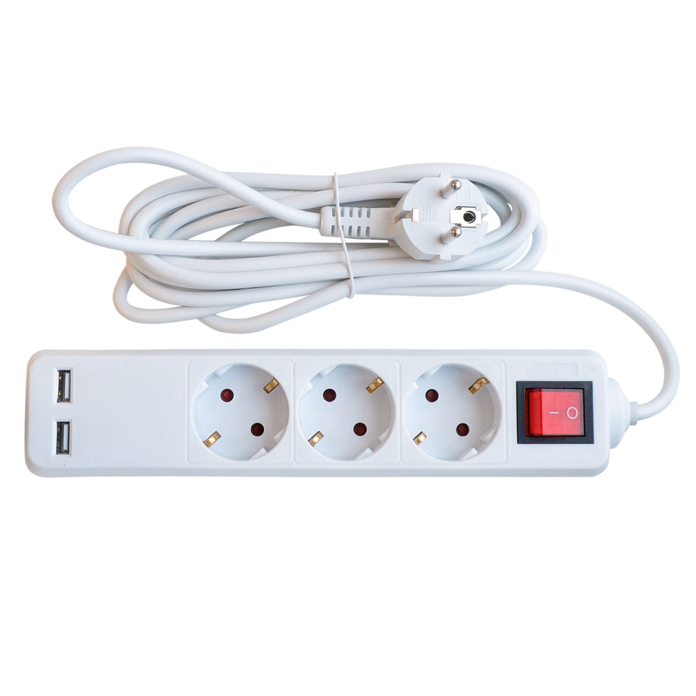 Удлинитель 3GSU-3-SMART трехместный c выключателем 2-х USB 10А с заземлением 3м 8533 IN HOME