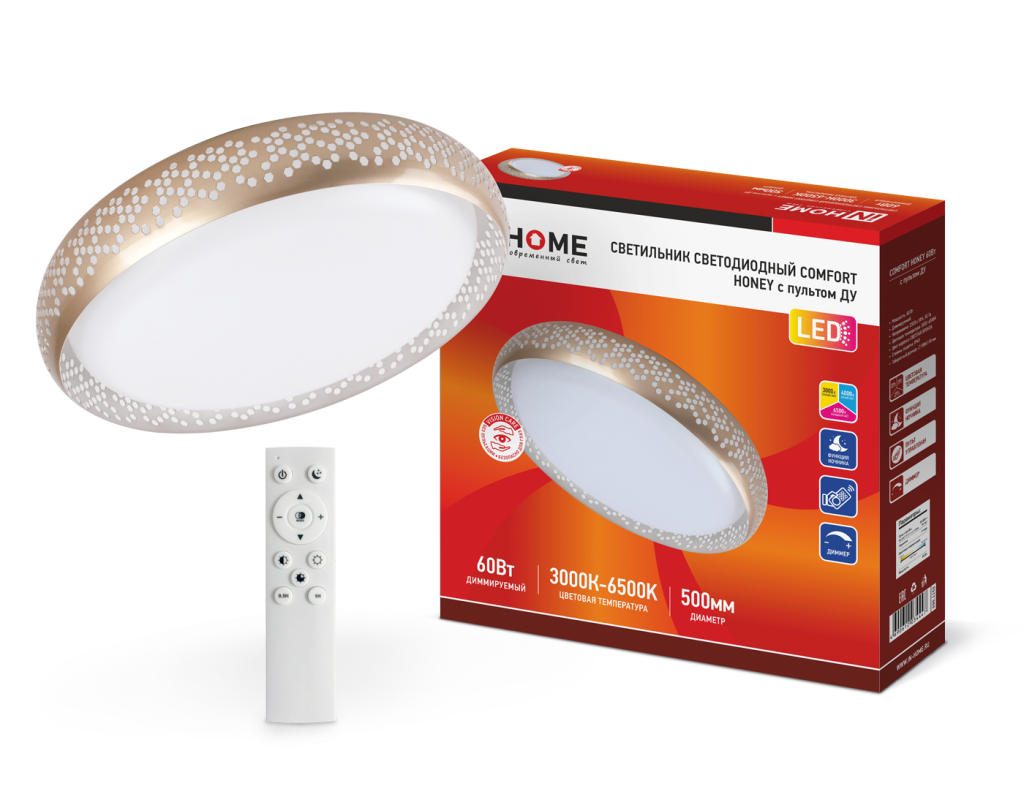 Светильник светодиодный COMFORT HONEY 60Вт 230В 3000-6500K 4800Лм 500х110мм c пультом ДУ IN HOME