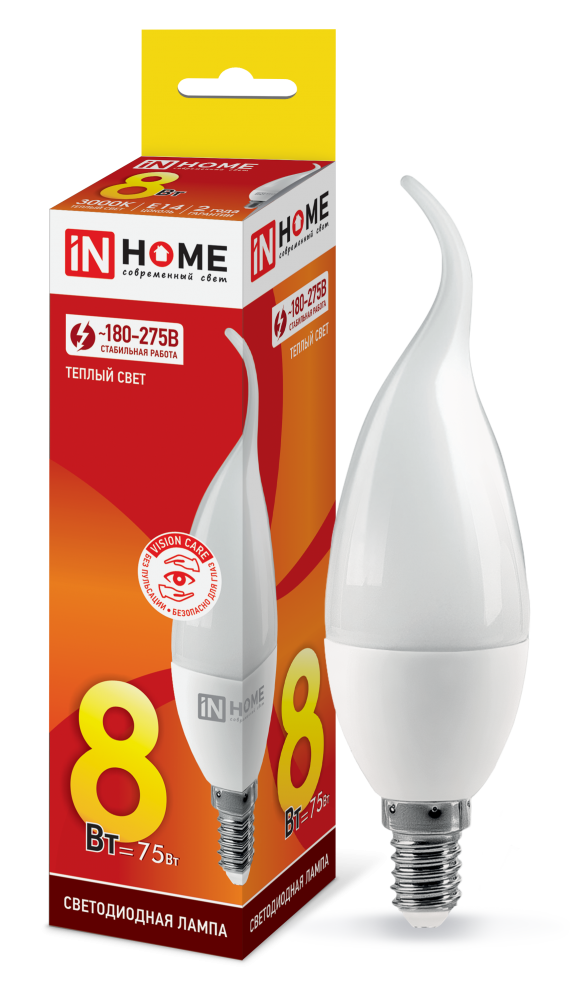 Лампа светодиодная LED-СВЕЧА НА ВЕТРУ-VC 8Вт 230В Е14 3000К 720Лм IN HOME