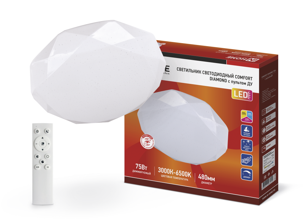 Светильник светодиодный COMFORT DIAMOND 75Вт 230В 3000-6500K 6000Лм 480x80мм с пультом ДУ IN HOME
