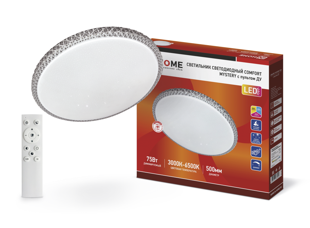 Светильник светодиодный COMFORT MYSTERY 75Вт 230В 3000-6500K 6000Лм 500x65мм с пультом ДУ IN HOME