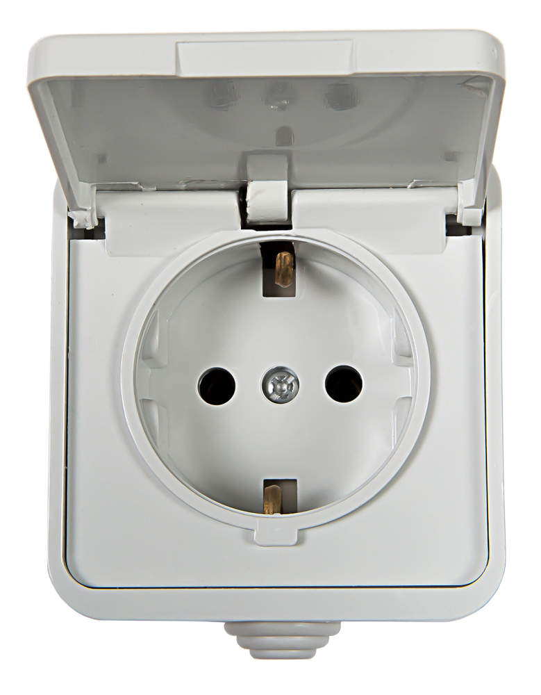 Розетка одинарная с заземлением с крышкой AQUA белая полугерметичная 3112 IN HOME