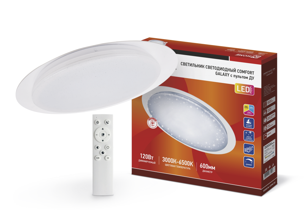Светильник светодиодный COMFORT GALAXY 120Вт 230В 3000-6500K 9600Лм 600x85 мм с пультом ДУ IN HOME