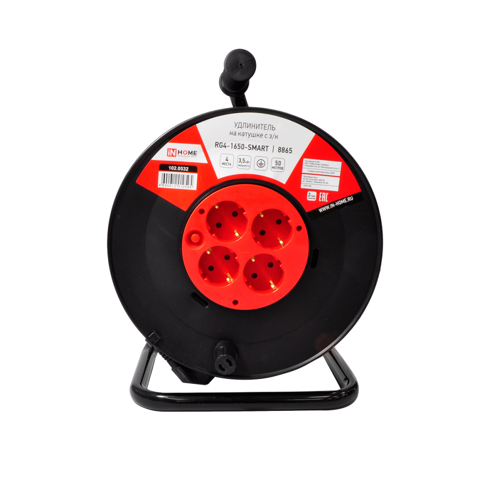 Удлинитель на катушке RG4-1650-SMART с термозащитой четырехместный с заземлением 16А 50м 8865 IN HOME