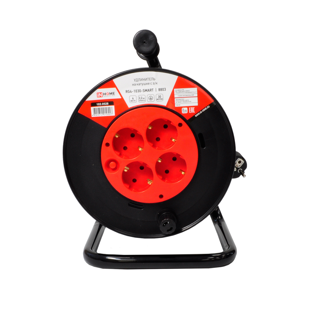 Удлинитель на катушке RG4-1030-SMART с термозащитой четырехместный с заземлением 10А 30м 8803 IN HOME