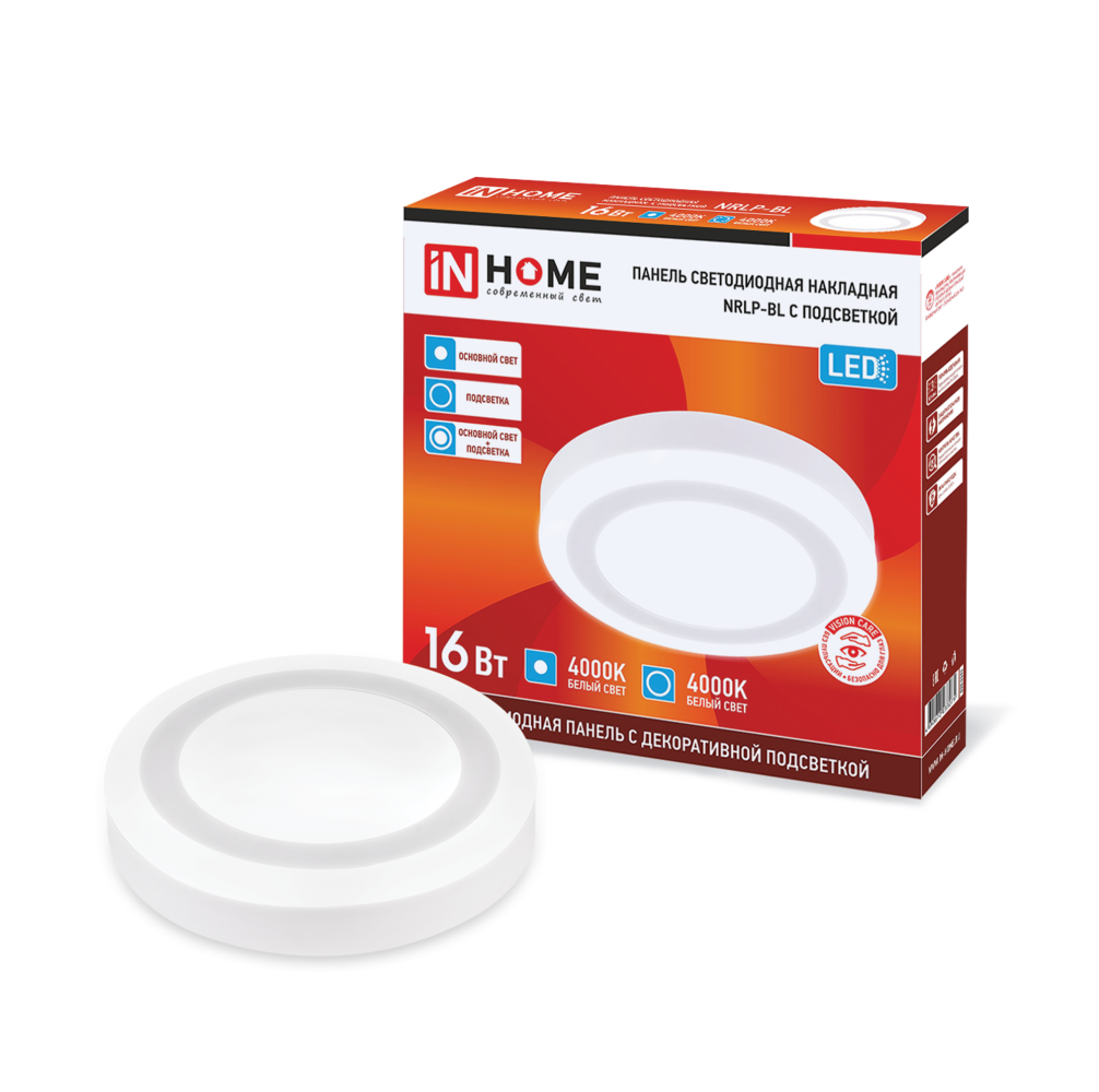 Панель светодиодная накладная круглая NRLP-BL 16Вт 230В 4000К 960Лм 195мм с подсветкой белая IP20 IN HOME