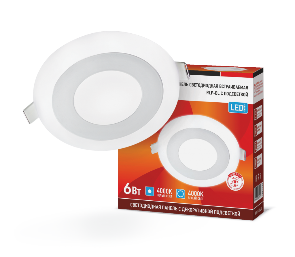 Панель светодиодная встраиваемая круглая RLP-BL 6Вт 230В 4000К 350Лм 105мм с подсветкой белая IP20 IN HOME 