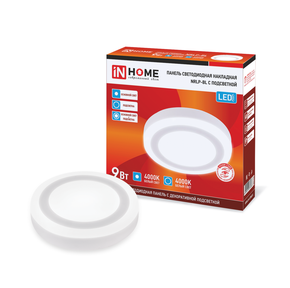 Панель светодиодная накладная круглая NRLP-BL 9Вт 230В 4000К 540Лм 145мм с подсветкой белая IP20 IN HOME